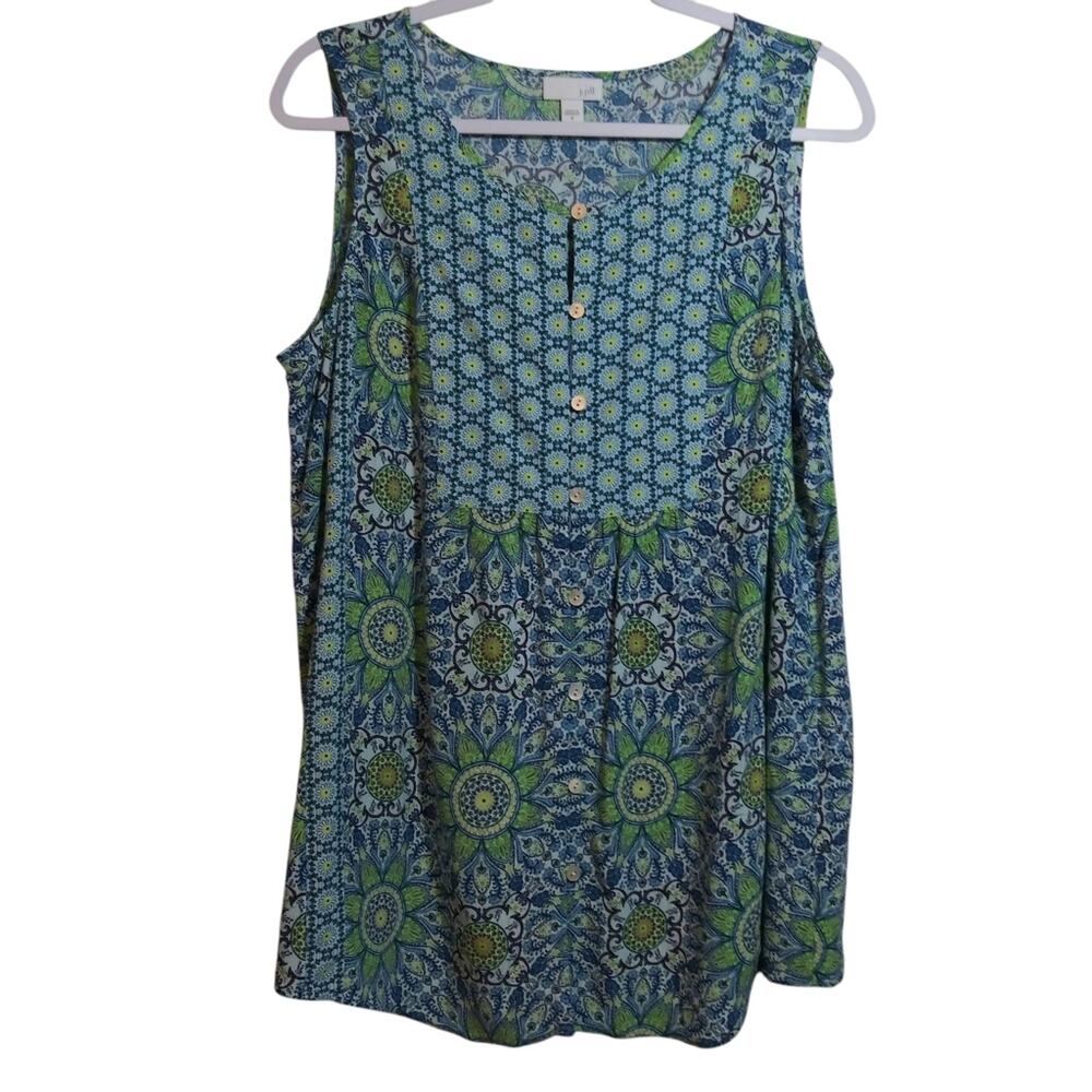 J. Jill Blue Green Mixed Patterned Sleeveless Top Paisley Floral Button Front M